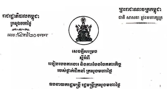 សេចក្តីសម្រេច ស្តីអំពីរបៀបរបបការងារ និងការបែងចែកភារកិច្ច របស់ថ្នាក់ដឹកនាំ ក្រសួងមហាផ្ទៃ