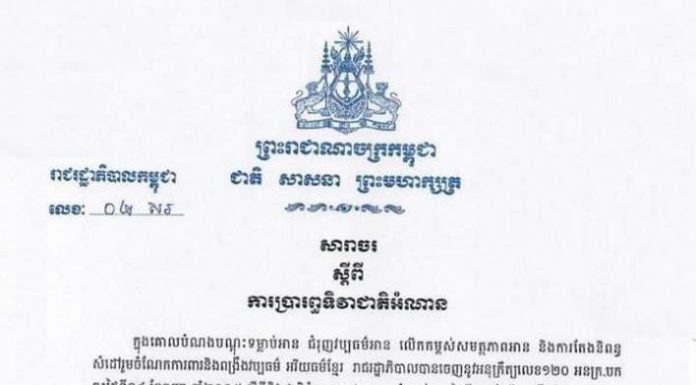 រាជរដ្ឋាភិបាលចេញសារាចរណែនាំដល់ក្រសួង ស្ថាប័ន រៀបចំទិវាជាតិអំណាន នាថ្ងៃទី១១ ខែមីនា ឱ្យបានទូលំទូលាយ